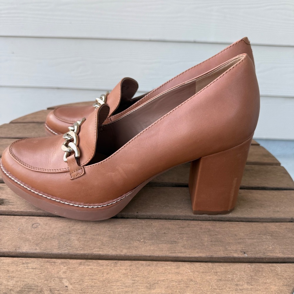 Naturalizer Women Leather Chain Link Platform Block Heel Loafers Tan Brown 11M